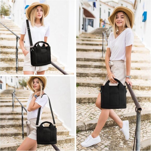 Women's Black Canvas Tote Bag With Multi Pockets Mini Shoulder Bags With Zipper - Picture 6 of 6